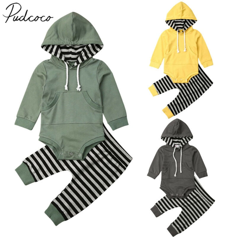 2019 Baby Spring Autumn Clothing Toddler Baby Boy Clothes Hooded Tops Long Sleeve Romper Striped+Long Pants Pocket Outfits