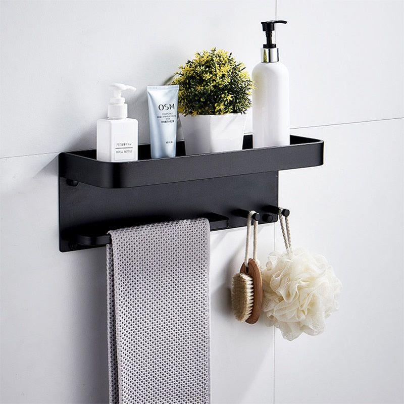 Bathroom Shelf Aluminum Black Corner Shelf Square Bath Shower Shelf Wall Mounted Storage Organizer Rack with Hooks and Towel Bar