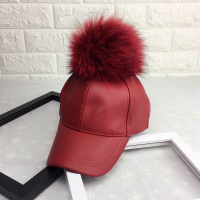 MAERSHEI Women Fashion Real Fur Baseball Cap Warm Casual Sweer Girl Hat Snapback Pom Pom Cap Leather Hip Hop Bone Caps