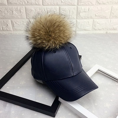 MAERSHEI Women Fashion Real Fur Baseball Cap Warm Casual Sweer Girl Hat Snapback Pom Pom Cap Leather Hip Hop Bone Caps