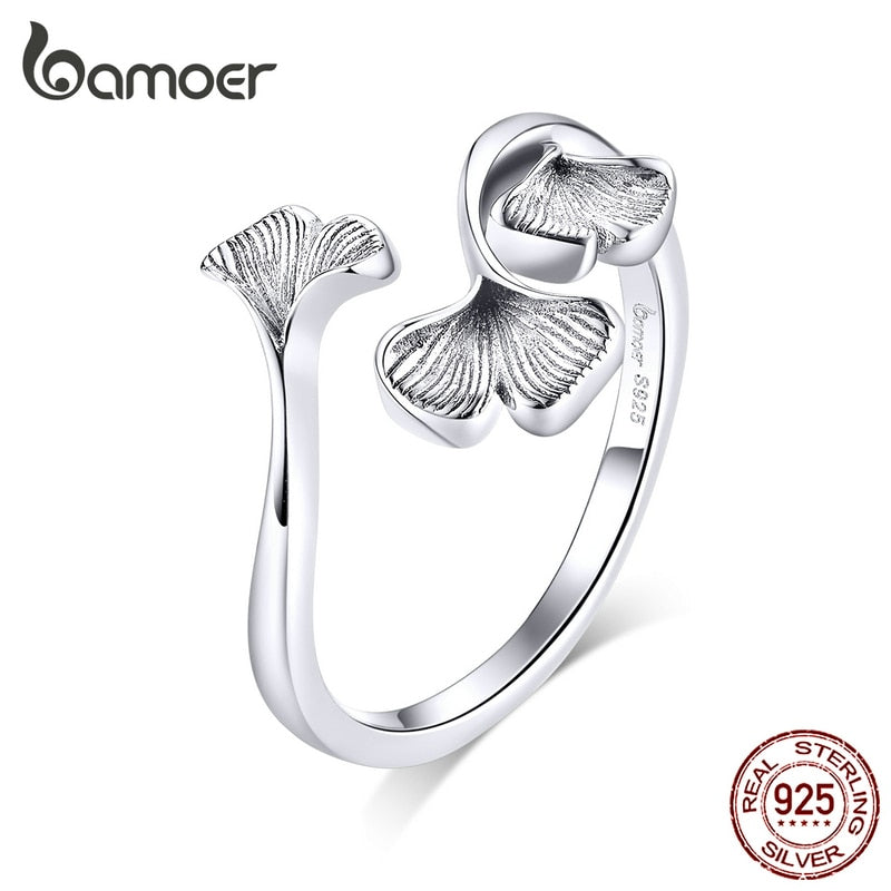 bamoer Silver 925 Design Ginkgo Leaf  Finger Rings for Women Vintage Bijoux 925 Sterling Silver Trendy Wedding Jewelry BSR097