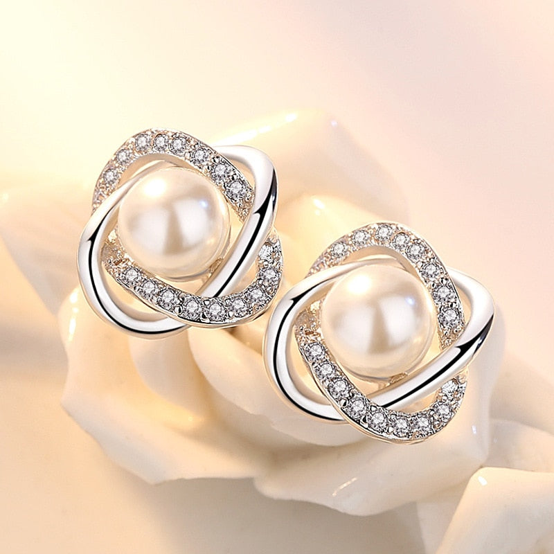 Upscale 925 Sterling Silver Earrings Zircon Pearl Twist Luxury Stud Earrings For Women brincos pendientes bijoux