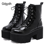 Gdgydh Woman Lace Autumn Boots Womens Ladies Chunky Wedge Platform Black Patent Leather Ankle Boots Punk Goth New Arrival 2020