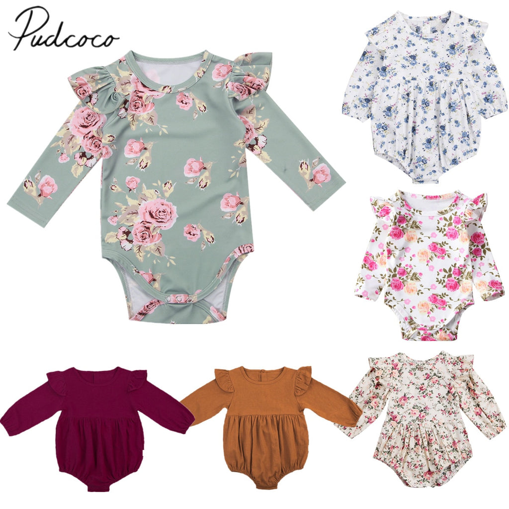 2020 Brand New Toddler Infant Newborn Baby Girls Kids Long Butterfly Sleeve Romper Outfits Playsuit Jumpsuit Floral Clothes 0-3Y