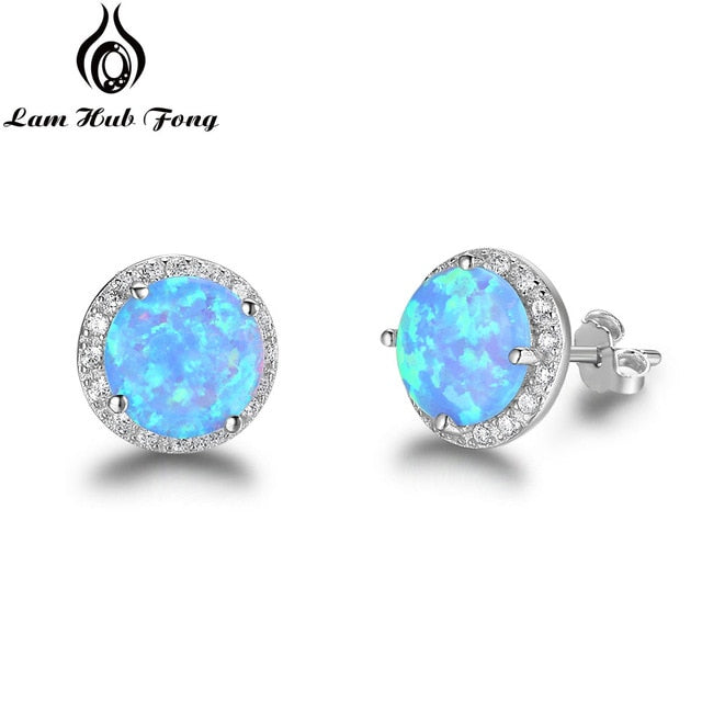 Classic 925 Sterling Silver Stud Earrings Round White Pink Blue Opal Earrings with Cubic Zirconia Jewelry Gift (Lam Hub Fong)