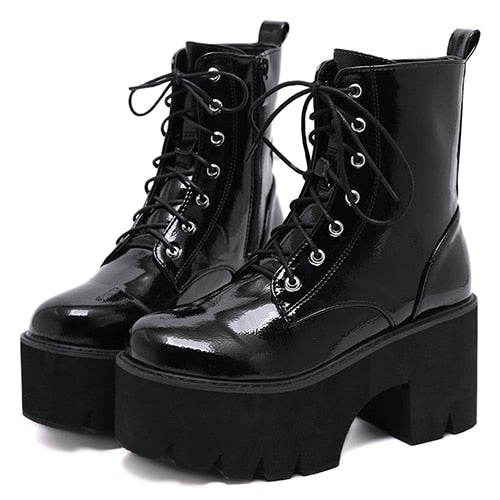 Gdgydh Woman Lace Autumn Boots Womens Ladies Chunky Wedge Platform Black Patent Leather Ankle Boots Punk Goth New Arrival 2020