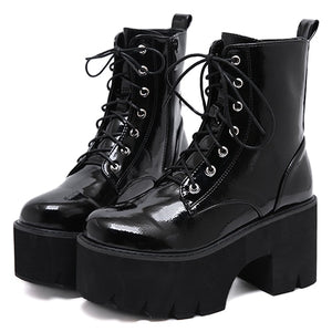 Gdgydh Woman Lace Autumn Boots Womens Ladies Chunky Wedge Platform Black Patent Leather Ankle Boots Punk Goth New Arrival 2020