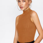 2019 New High Quality Summer Autumn Women Mock Neck Top Turtleneck Sleeveless T-shirt Slim Knitted Vest Female Tee Knitwear