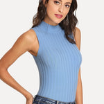 2019 New High Quality Summer Autumn Women Mock Neck Top Turtleneck Sleeveless T-shirt Slim Knitted Vest Female Tee Knitwear