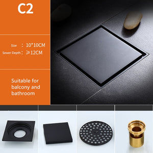 ZGRK שחור ניקוי רצפה מסתיר פליז דאודוריזציה 100x100 מ"מ מרובע נגד ריח מרפסת אמבטיה ניקוז מקלחת בלתי נראה