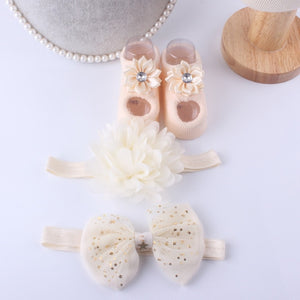 2019 Baby Accessories + Socks 3Pcs Set Kids Newborn Baby Cartoon Socks Anti-slip Sock Shoes Boots Bowknots Floor Slipper Socks