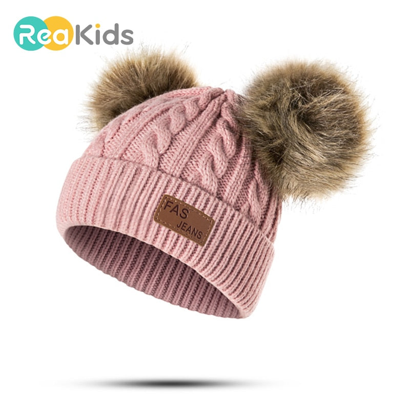 REAKIDS כפת תינוק פומפון חורף כובע סרוג כובע חמוד לנערות בנות כובע בנות צבע אחיד מזדמן