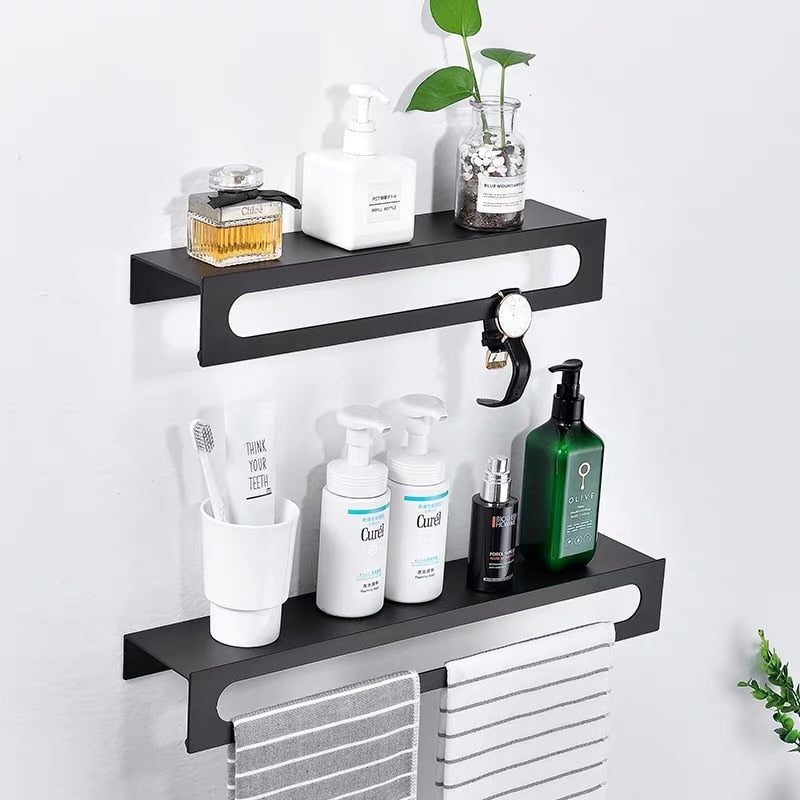Anodizing Space Aluminum Nail-free Shelf Matte Black Wall Organizer Corner Shelfs Bathroom Accessories Towel Bar Bathtub Tray