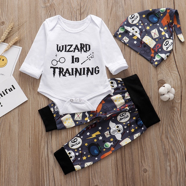 3PCS Sets Newborn Baby Boys Girls Clothes 2020 Summer Little Wizard Arrived Tops T-shirt+Halloween Pants+Hat Infant Baby Outfit