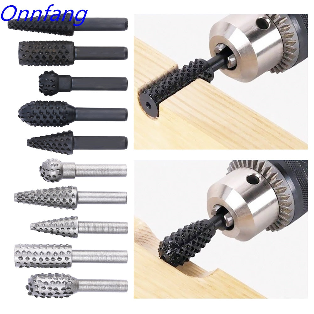 Onnfang 5 Pcs  Rotary Craft Files High Quality 1/4" Shank Rotary Rasp File Rasp Burrs Wood Bits Grinding Woodworking Hand Tool