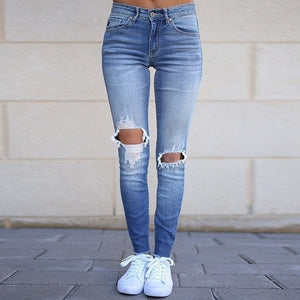 Women Casual Denim stretch hole Jeans Mid Waist Jeans ladies High Elastic Push up Stretch Jeans Washed Denim Skinny Pencil Pants
