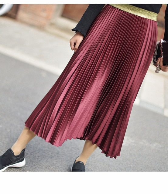 2020 חדש באיכות גבוהה נשים קיץ אונליין קפלים חצאית למתוח גבוהה מותן נשים חצאית ארוכה נקבה מגשר נשים Midi חצאית Saia