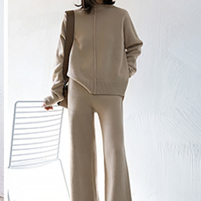 Genayooa שני חלקים סט סוודר אימונית נשים מותניים גבוהים לסרוג מכנסיים רגל רחבה נשים חליפה 2 חלקים סט נשים חורף 2020