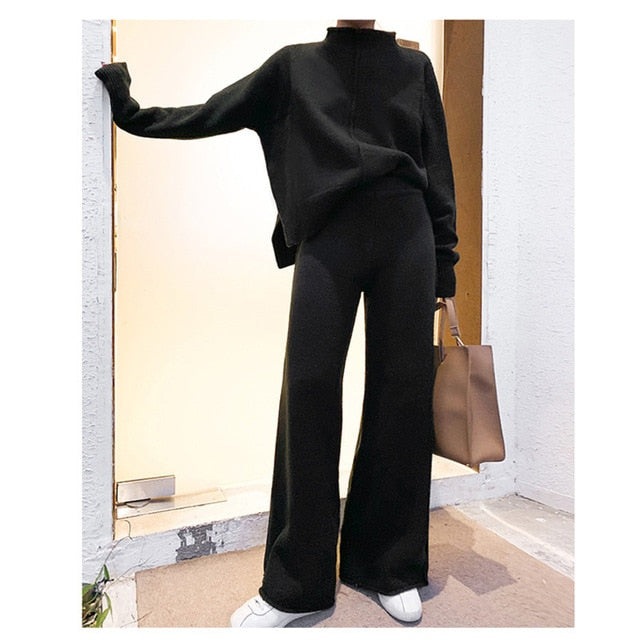 Genayooa שני חלקים סט סוודר אימונית נשים מותניים גבוהים לסרוג מכנסיים רגל רחבה נשים חליפה 2 חלקים סט נשים חורף 2020