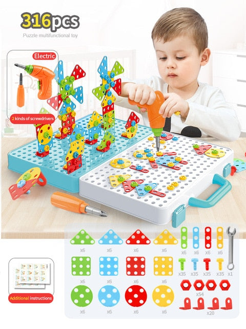 Kids Drill Screw Nut Puzzles Toys Pretend Play Tool Drill Disassembly Assembly Children Drill 3D Puzzle Toys For Boy