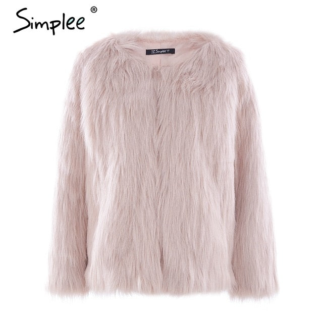 Simplee Casual furry faux fur coats women Fake fur coat female short pink coat 2018 winter clothing party colored fur overcoat