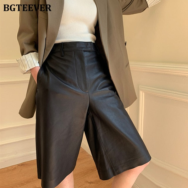 BGTEEVER High Waist Women PU Leather Shorts Motorcycle Female Faux-leather Loose Shorts Army Green Spring Summer 2020