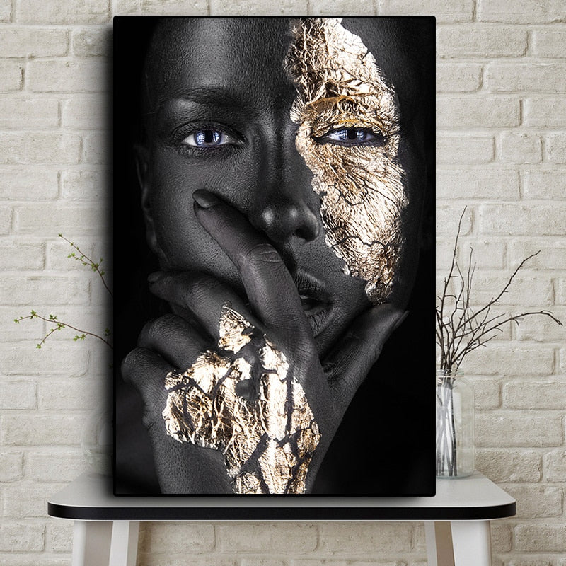 אמנות אפריקאית ציור שמן על אישה בשחור וזהב על בד Cuadros פוסטרים והדפסים סקנדינבי אמנות קיר תמונה לסלון
