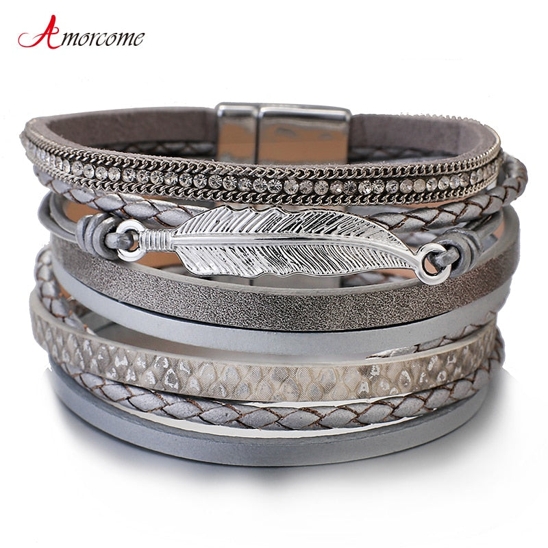 Amorcome Metal Feather Genuine Leather Bracelet for Women Jewelry Fashion Multilayer Bohemian Charm Wide Bracelets & Bangles