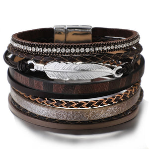 Amorcome Metal Feather Genuine Leather Bracelet for Women Jewelry Fashion Multilayer Bohemian Charm Wide Bracelets & Bangles