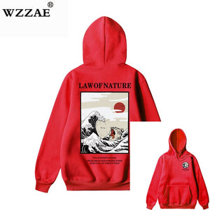 WZZAE Japanese Embroidery Funny Cat Wave Printed Fleece Hoodies 2020 Winter Japan Style Hip Hop Casual Sweatshirts Streetwear