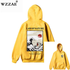 WZZAE Japanese Embroidery Funny Cat Wave Printed Fleece Hoodies 2020 Winter Japan Style Hip Hop Casual Sweatshirts Streetwear