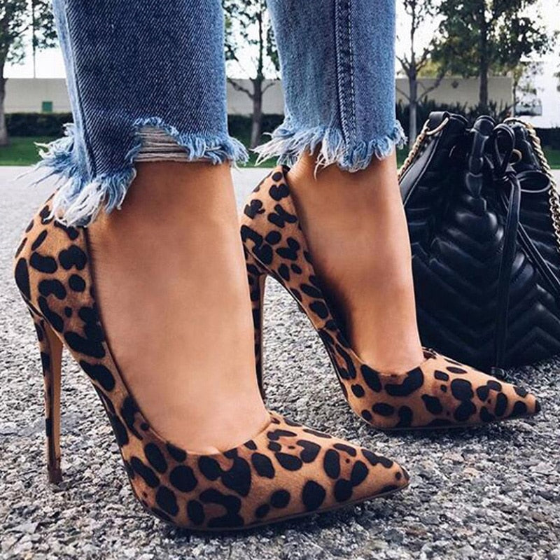 KAMUCC High Heels Shoes Women Pumps Flock Leopard Print Sexy Stilettos 10 12cm Party Heeled Designer Shoes Plus Big Size