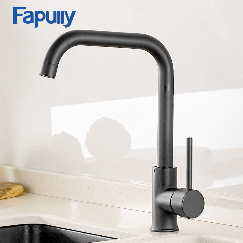 Fapully Kitchen Faucet 360 Rotate Black Mixer Faucet for Kitchen Rubber Design Hot and Cold Deck Mounted Crane for Sinks AEF0012