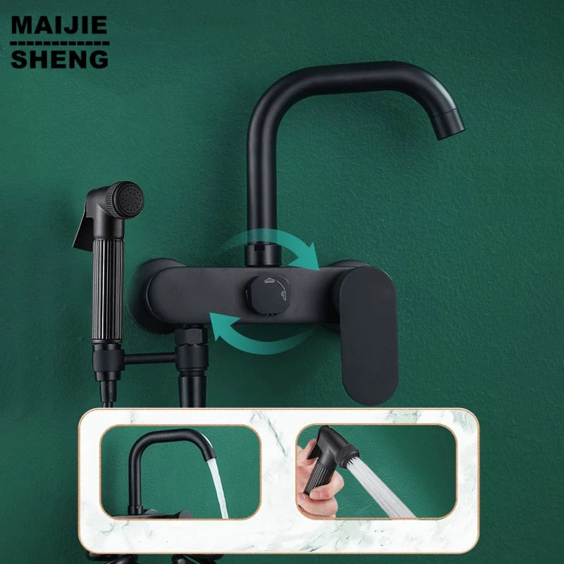 black wal kitchenl faucet with brass shower Sink black Kitchen Faucet hot and cold wall tap Kitchen Tap Wall Kitchen faucet