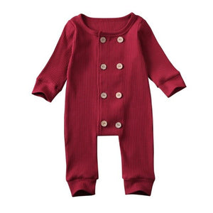 Infant Baby Girl Boy Solid Jumpsuit Long Sleeve Zipper Buttons Ribbed Jumpsuit Pure Cotton Jumpsuit Baby Round Neck Rompers