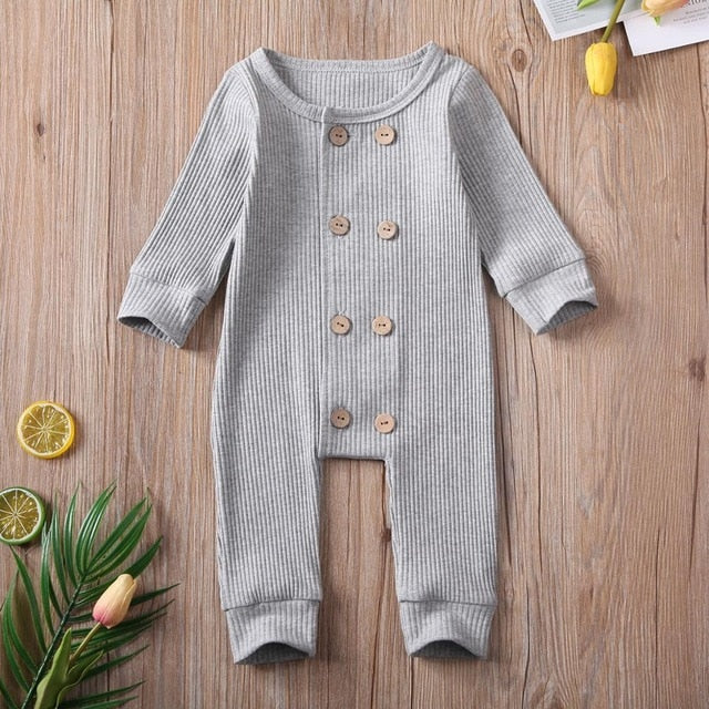 Infant Baby Girl Boy Solid Jumpsuit Long Sleeve Zipper Buttons Ribbed Jumpsuit Pure Cotton Jumpsuit Baby Round Neck Rompers