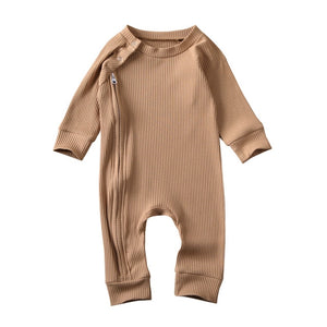 Infant Baby Girl Boy Solid Jumpsuit Long Sleeve Zipper Buttons Ribbed Jumpsuit Pure Cotton Jumpsuit Baby Round Neck Rompers