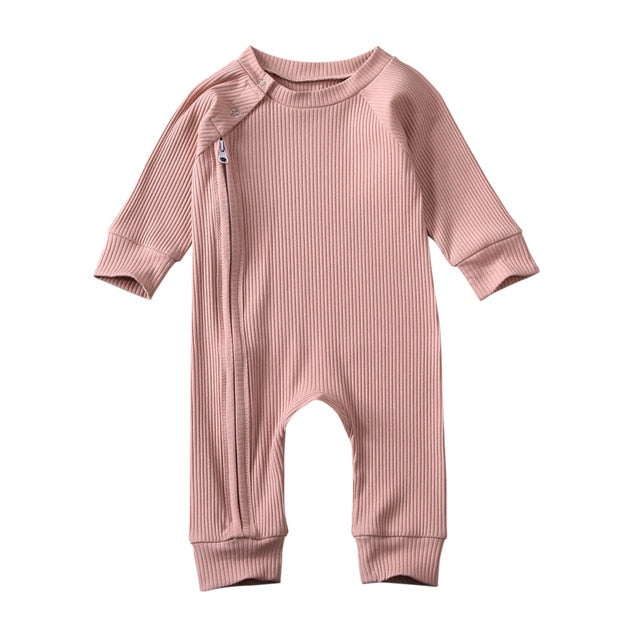 Infant Baby Girl Boy Solid Jumpsuit Long Sleeve Zipper Buttons Ribbed Jumpsuit Pure Cotton Jumpsuit Baby Round Neck Rompers