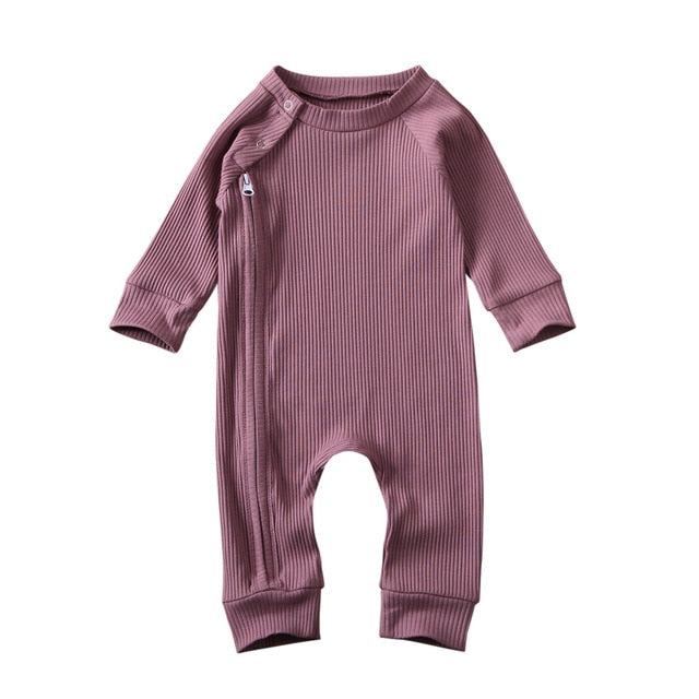 Infant Baby Girl Boy Solid Jumpsuit Long Sleeve Zipper Buttons Ribbed Jumpsuit Pure Cotton Jumpsuit Baby Round Neck Rompers