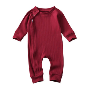 Infant Baby Girl Boy Solid Jumpsuit Long Sleeve Zipper Buttons Ribbed Jumpsuit Pure Cotton Jumpsuit Baby Round Neck Rompers