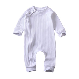 Infant Baby Girl Boy Solid Jumpsuit Long Sleeve Zipper Buttons Ribbed Jumpsuit Pure Cotton Jumpsuit Baby Round Neck Rompers