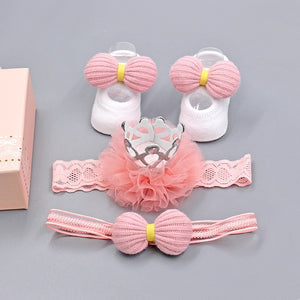 Infant Newborn Baby Girls 3Pcs/Set Slipper Socks Headband Gift Box Foot Socks Lace Crown Hair Band Accessories Photo Props