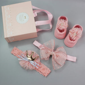 Infant Newborn Baby Girls 3Pcs/Set Slipper Socks Headband Gift Box Foot Socks Lace Crown Hair Band Accessories Photo Props