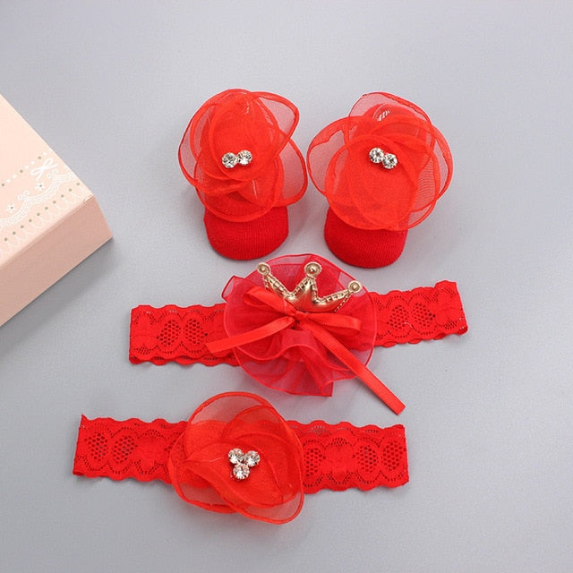 Infant Newborn Baby Girls 3Pcs/Set Slipper Socks Headband Gift Box Foot Socks Lace Crown Hair Band Accessories Photo Props