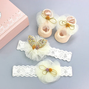 Infant Newborn Baby Girls 3Pcs/Set Slipper Socks Headband Gift Box Foot Socks Lace Crown Hair Band Accessories Photo Props