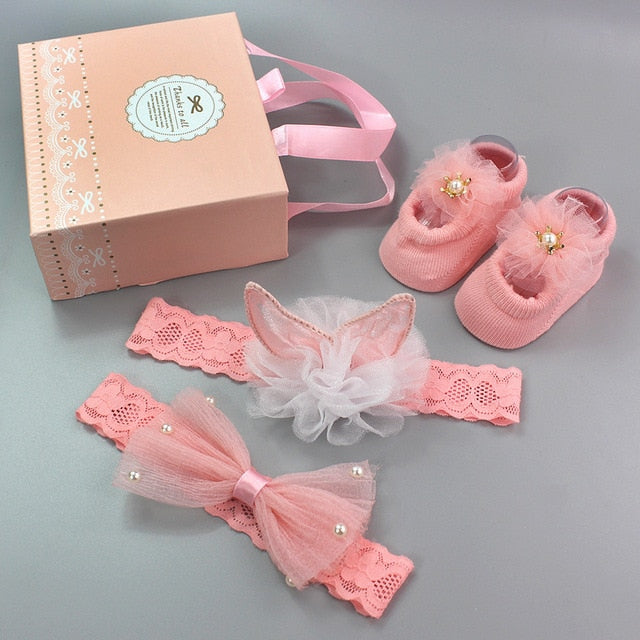 Infant Newborn Baby Girls 3Pcs/Set Slipper Socks Headband Gift Box Foot Socks Lace Crown Hair Band Accessories Photo Props