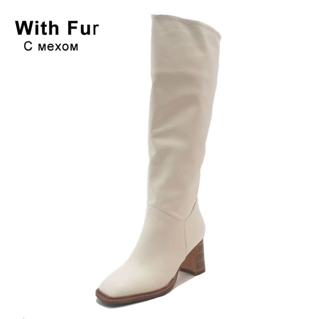 Taoffen Size 34-43 2021 INS Women Knee High Heel Boots Lady Riding Botas Warm Winter Shoes Women Sexy Square Toe Casual Footwear