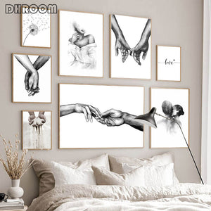 Black White Romantic Hand In Hand Canvas Painting Love Quotes Wall Art Poster Print Fashion Picture Couples Lovers Room Decor