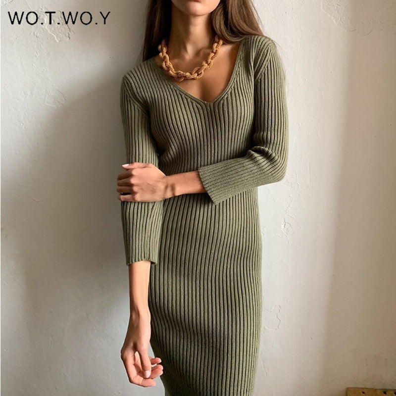 WOTWOY V-Neck Wrapped Knitted Dress Women Autumn Solid Sheath Sweater Dresses Women Knee-Length Bodycon Long Sweater Female New