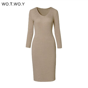 WOTWOY V-Neck Wrapped Knitted Dress Women Autumn Solid Sheath Sweater Dresses Women Knee-Length Bodycon Long Sweater Female New